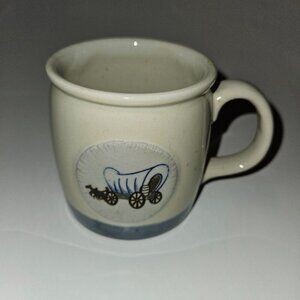 Covered Wagon Mug Coffee Cup Glass Tan Blue Horse Drawn Oregon Trail